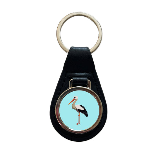 Stork Bird Profile Black Leather Metal Keychain