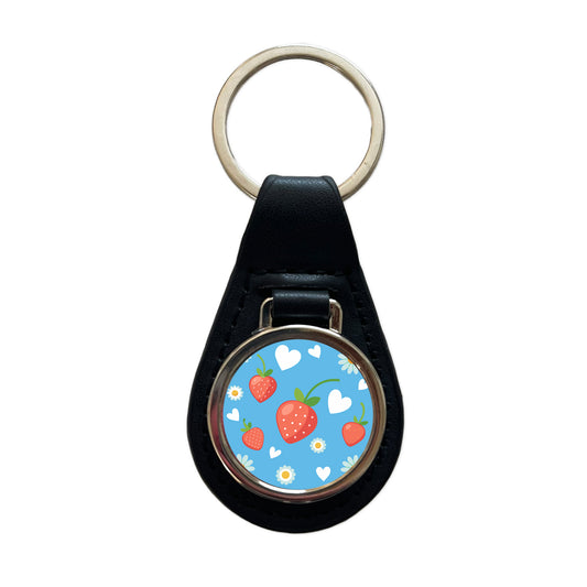 Strawberries Daisies Strawberry Daisy Hearts Black Leather Metal Keychain