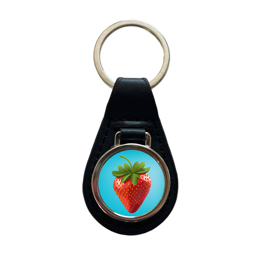 Strawberry Fruit Black Leather Metal Keychain
