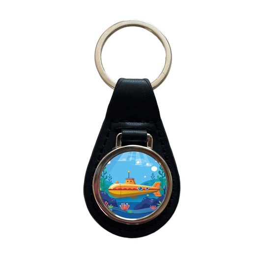 Submarine Under Water Black Leather Metal Keychain