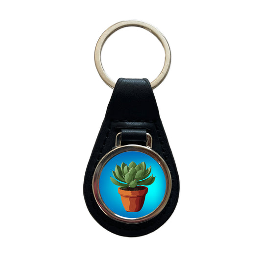 Succulent Plant in Pot Black Leather Metal Keychain