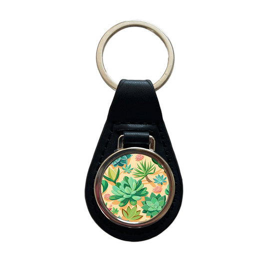 Succulents Scattered Pattern Black Leather Metal Keychain