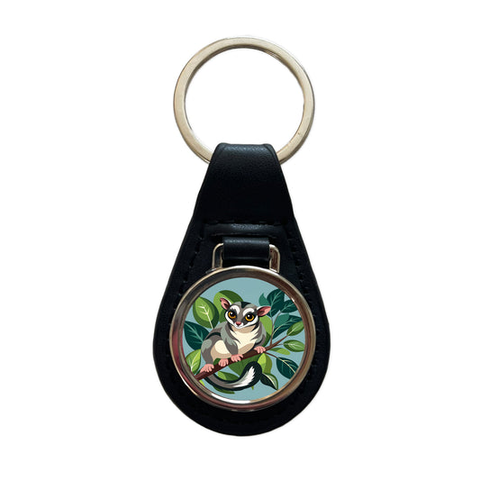 Sugar Glider on Tree Branch Black Leather Metal Keychain