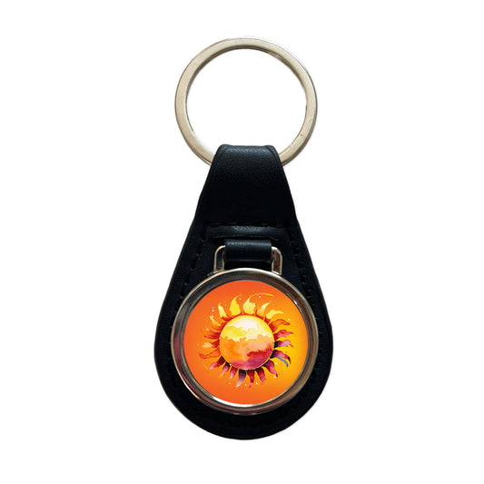 Sun Watercolor Artistic Black Leather Metal Keychain