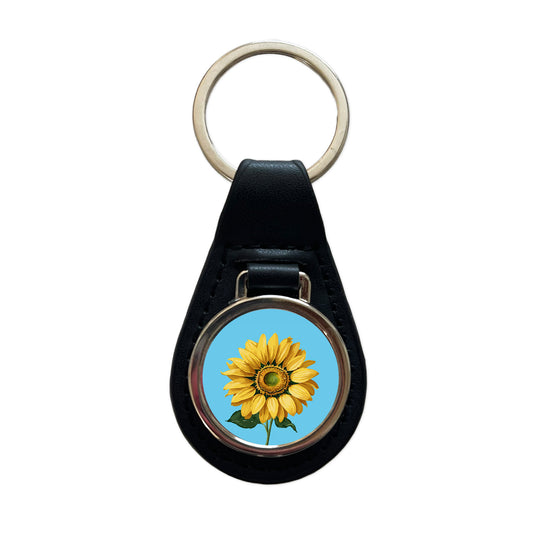 Sunflower Summer Flower with Stem Black Leather Metal Keychain