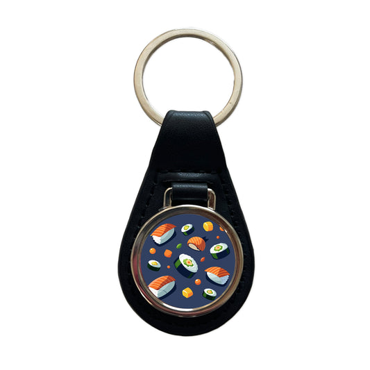 Sushi Food Scattered Black Leather Metal Keychain