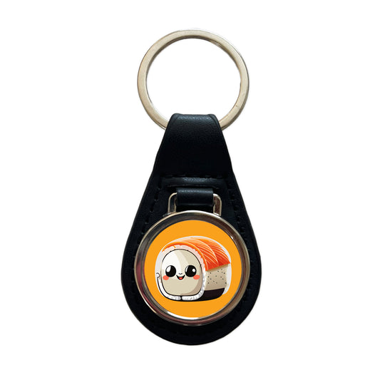 Sushi Roll Cute Chibi Kawaii Funny Food Black Leather Metal Keychain