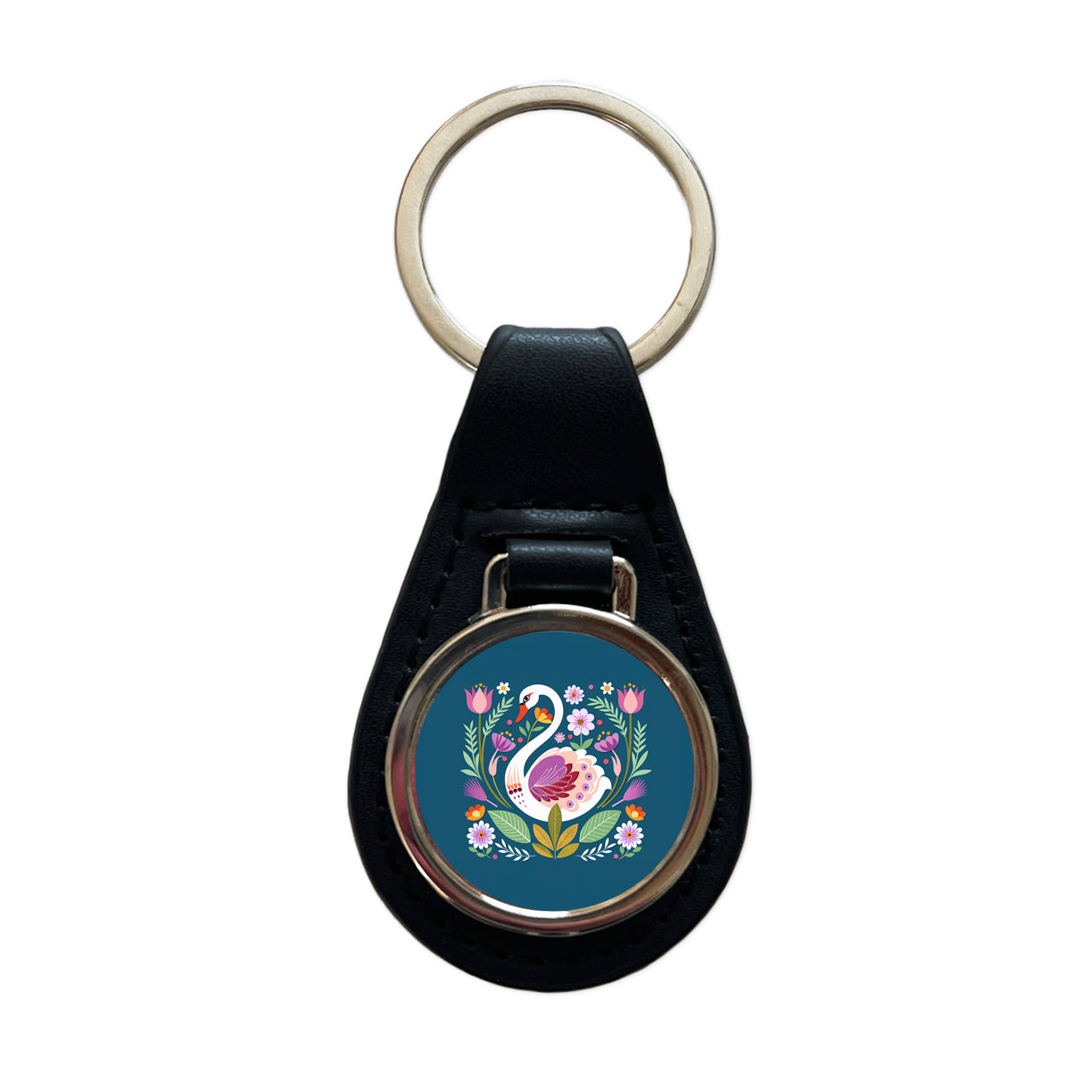 Swan Bird Floral Flowers Black Leather Metal Keychain