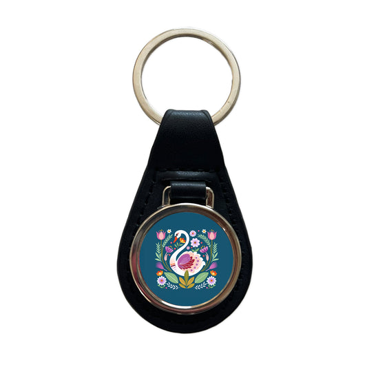 Swan Bird Floral Flowers Black Leather Metal Keychain