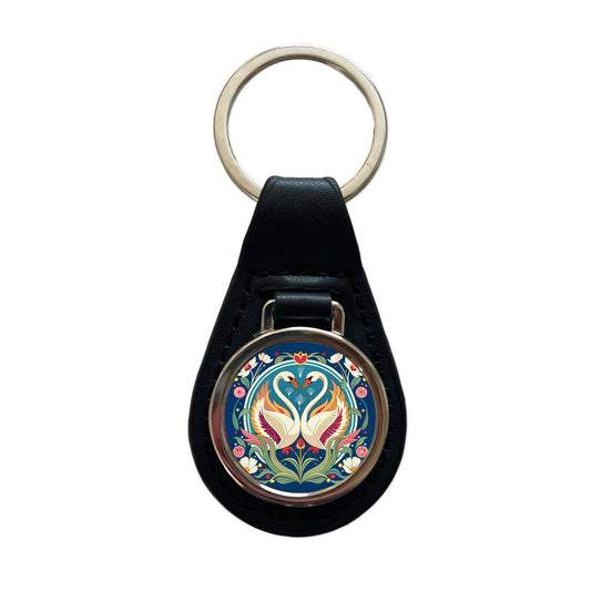 Swans Floral Art Nouveau Flowers Elegant Black Leather Metal Keychain