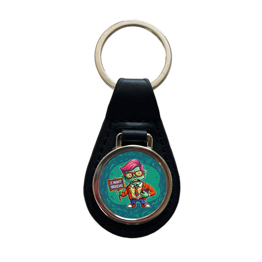 Teacher Zombie Man I Want Your Brains Black Leather Metal Keychain