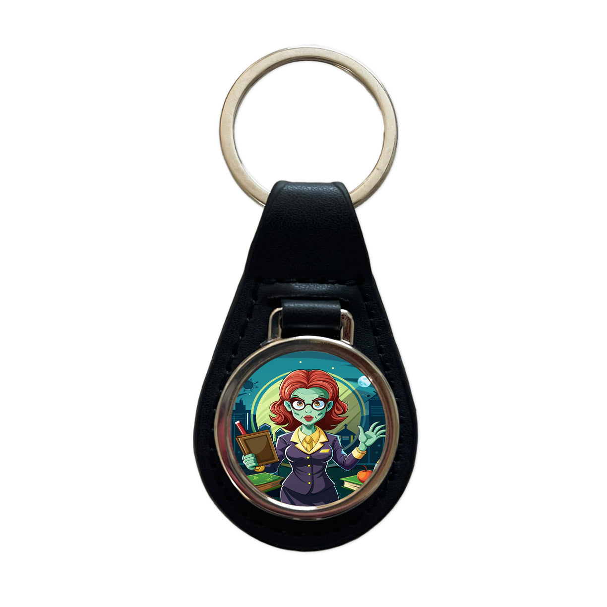 Teacher Zombie Woman Female Funny Black Leather Metal Keychain