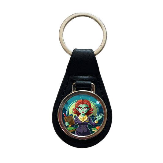 Teacher Zombie Woman Female Funny Black Leather Metal Keychain