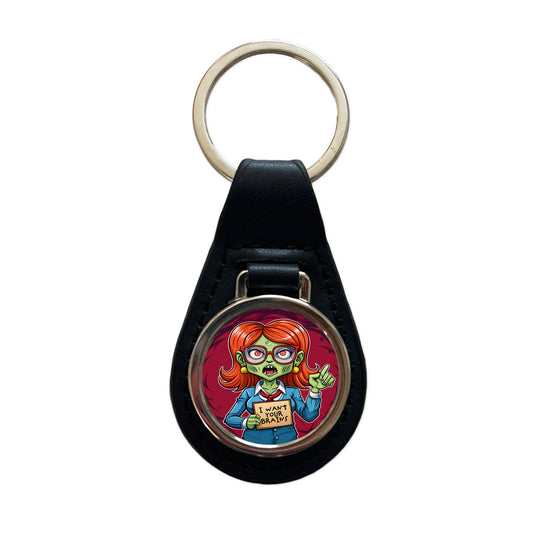 Teacher Zombie Woman I Want Your Brains Black Leather Metal Keychain