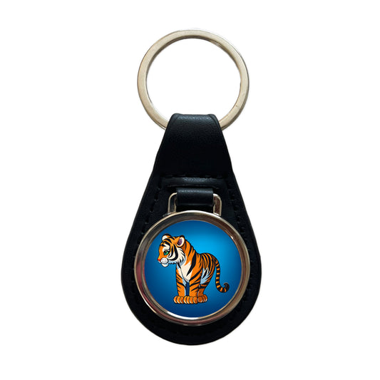 Tiger Cute Standing Black Leather Metal Keychain