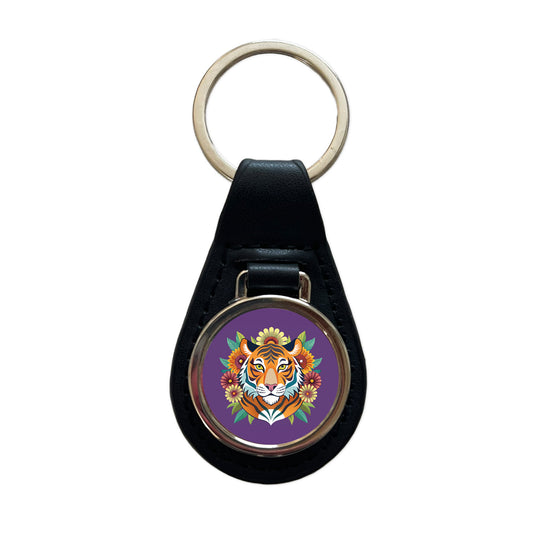 Tiger Head Floral Flowers Black Leather Metal Keychain