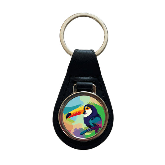 Toucan Tucan Tropical Bird Black Leather Metal Keychain