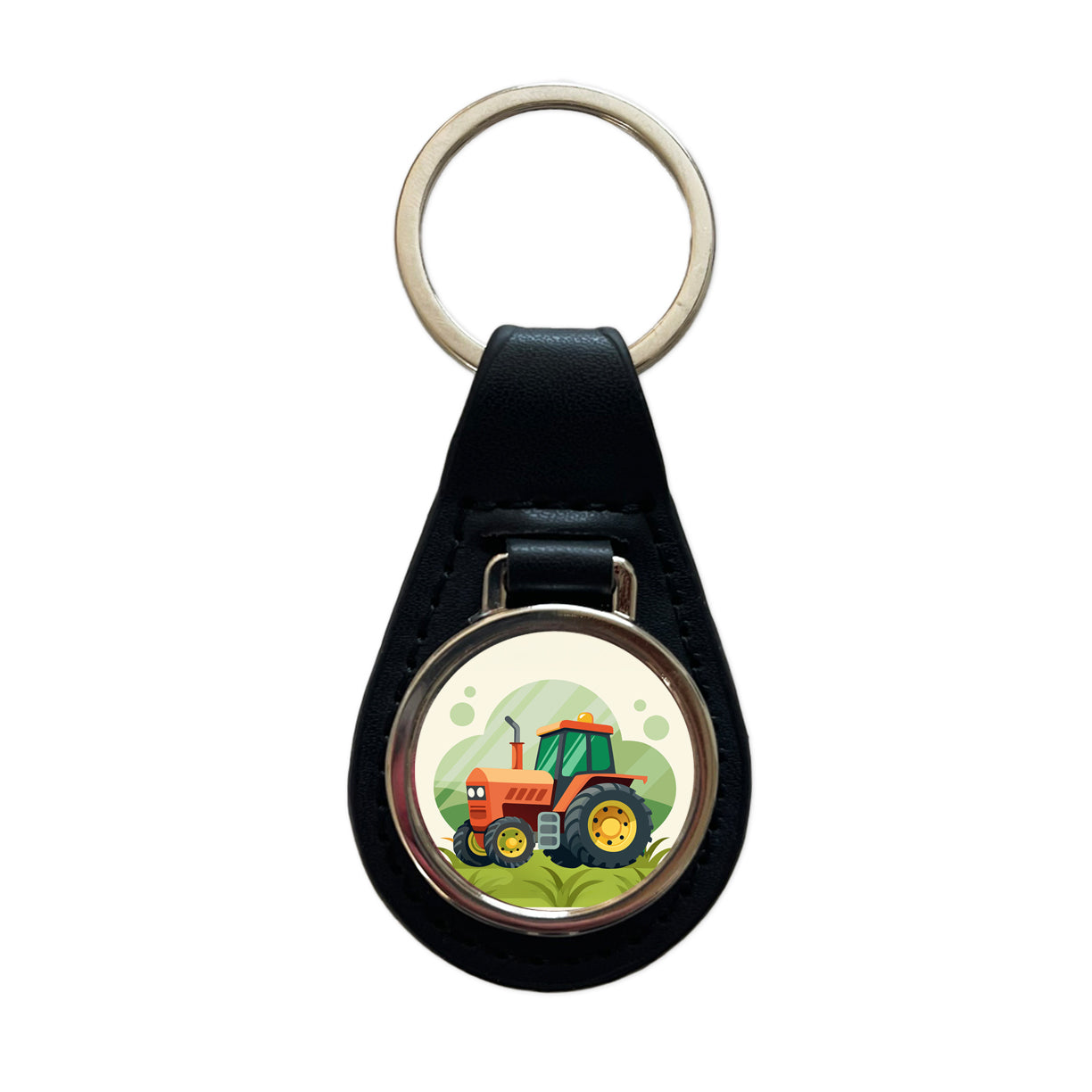 Tractor Cartoon Black Leather Metal Keychain