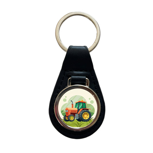 Tractor Cartoon Black Leather Metal Keychain