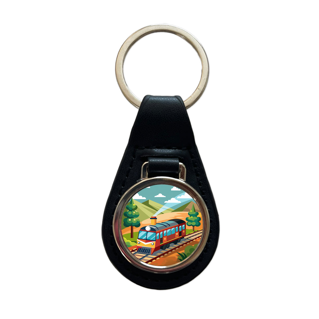 Train on Track Black Leather Metal Keychain