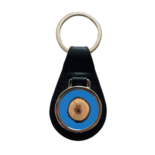 Tree Ring Slice Black Leather Metal Keychain