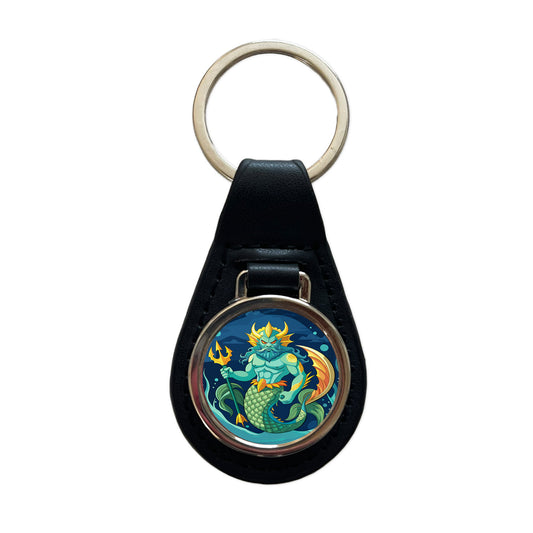 Triton Sea God Greek Mythology Black Leather Metal Keychain