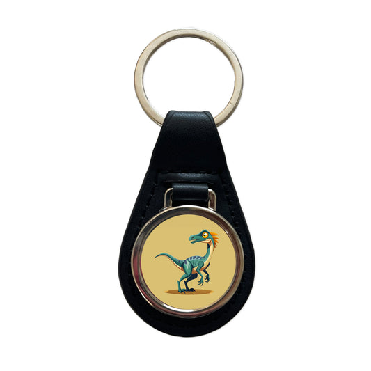 Troodon Dinosaur Black Leather Metal Keychain