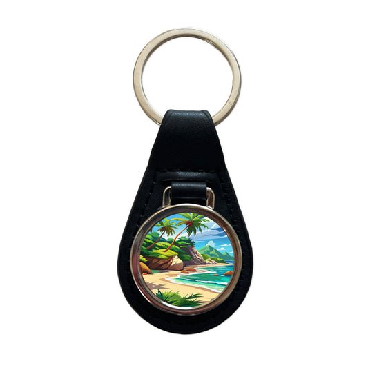 Tropical Beach Beautiful Vacation Travel Black Leather Metal Keychain