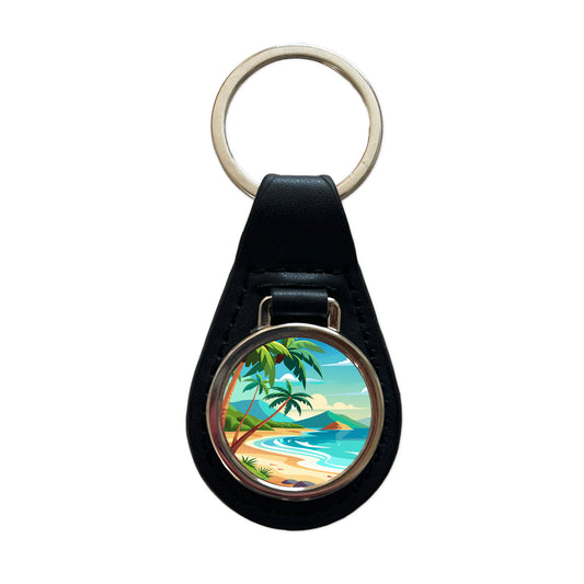 Tropical Beach Ocean Vacation Travel Black Leather Metal Keychain