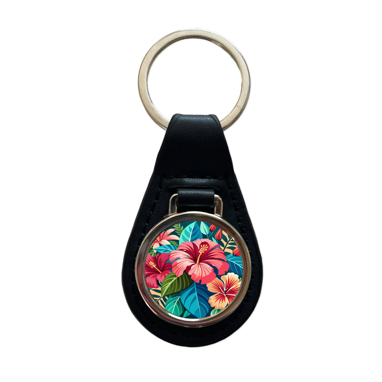 Tropical Flowers Hibiscus Black Leather Metal Keychain