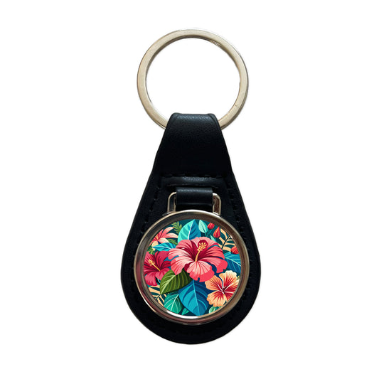 Tropical Flowers Hibiscus Black Leather Metal Keychain