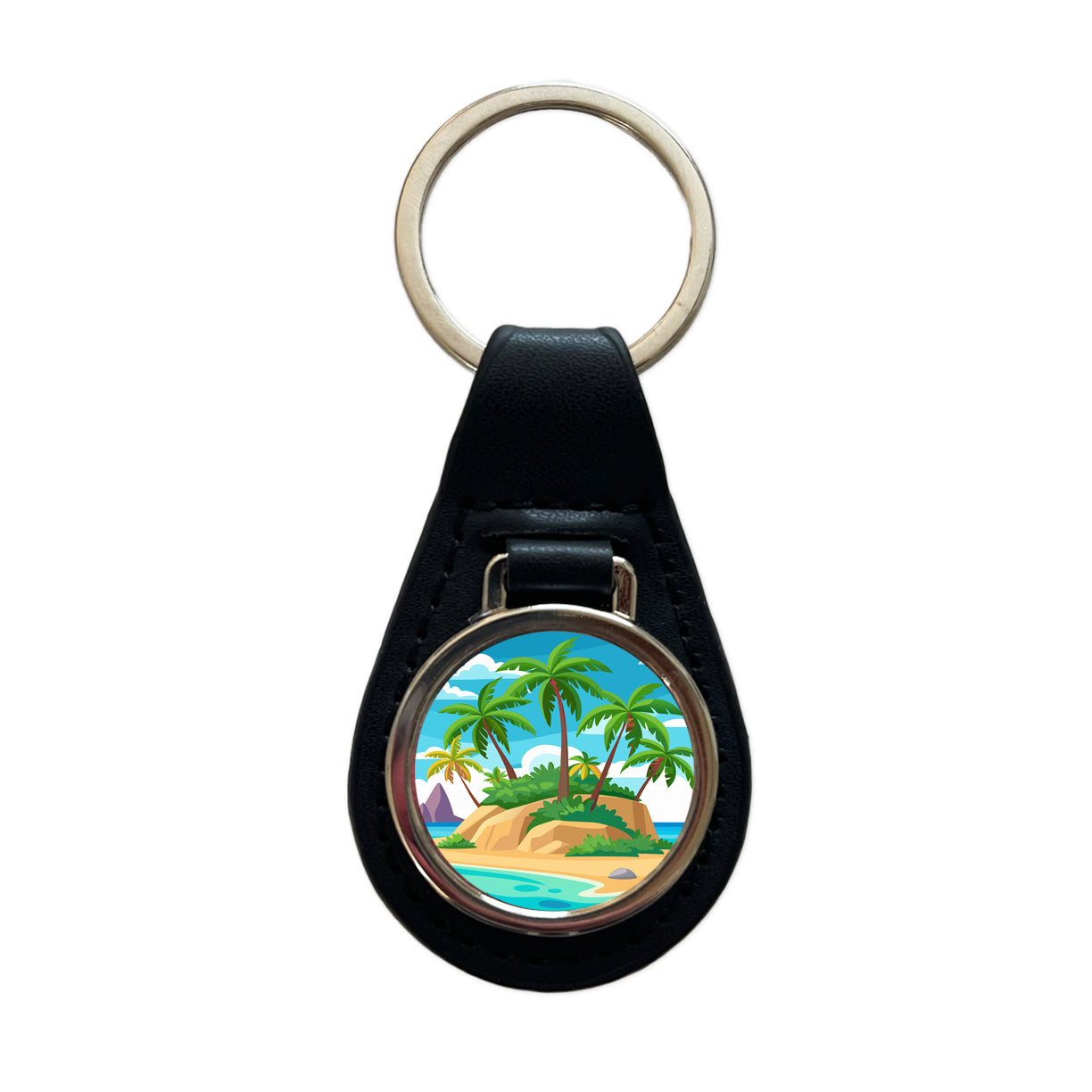 Tropical Island Beach Palm Trees Vacation Travel Black Leather Metal Keychain