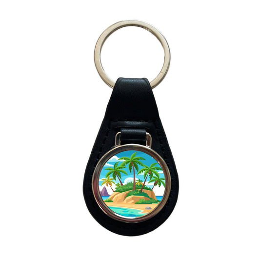 Tropical Island Beach Palm Trees Vacation Travel Black Leather Metal Keychain