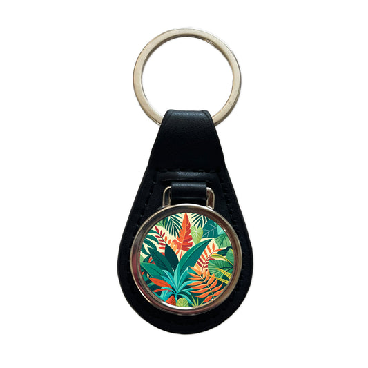 Tropical Leaves Foliage Black Leather Metal Keychain