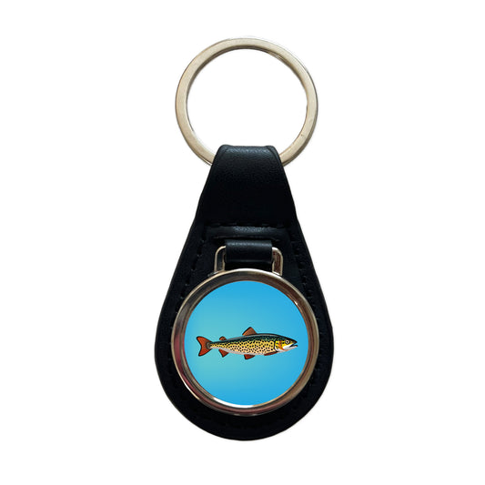 Trout Fish Fishing Black Leather Metal Keychain