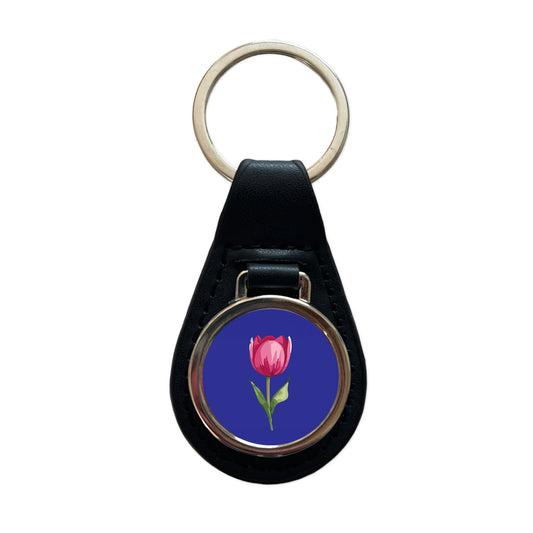 Tulip Flower Pink Watercolor Black Leather Metal Keychain