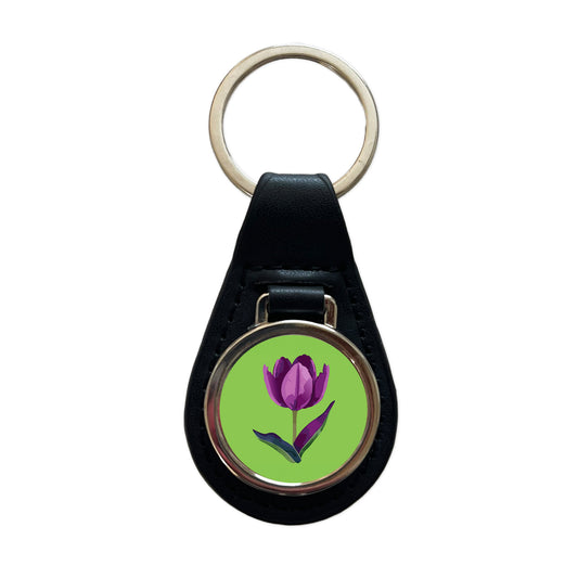 Tulip Flower Purple Watercolor Black Leather Metal Keychain