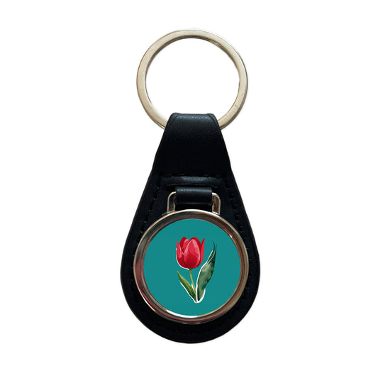 Tulip Flower Red Watercolor Black Leather Metal Keychain