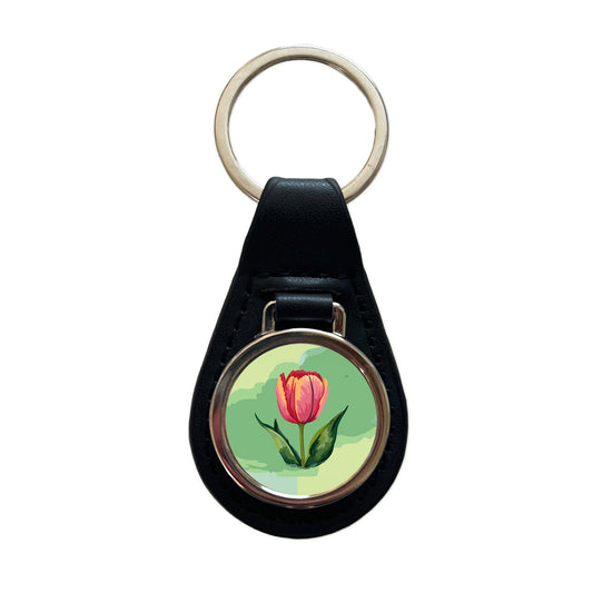 Tulip Flower Watercolor Black Leather Metal Keychain