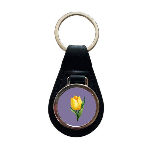 Tulip Flower Yellow Watercolor Black Leather Metal Keychain