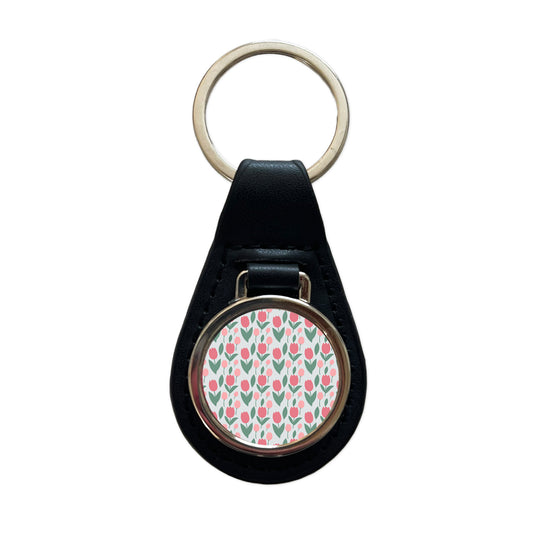 Tulips Pink Flowers Muted Pattern Black Leather Metal Keychain