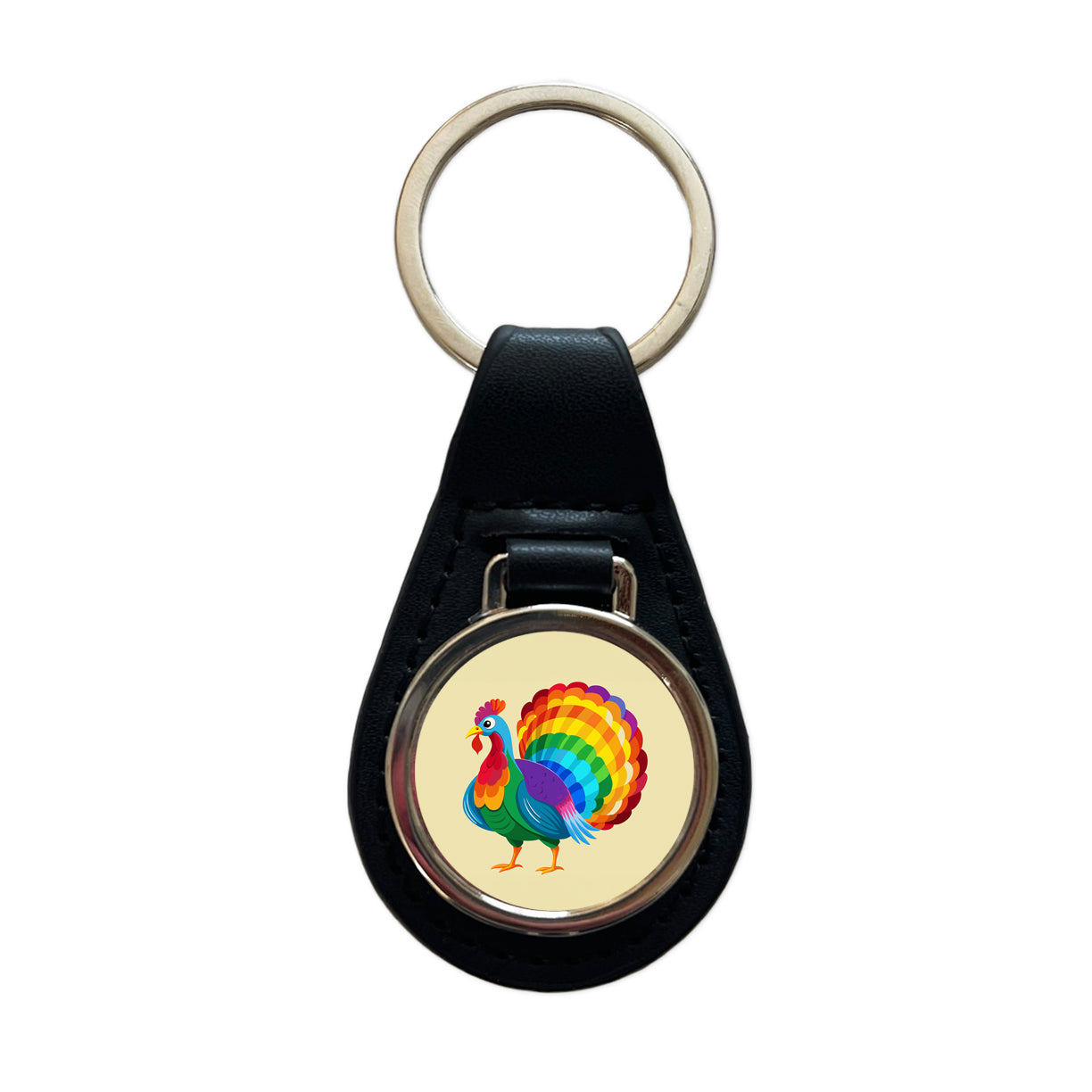 Turkey Rainbow Colored Thanksgiving Black Leather Metal Keychain