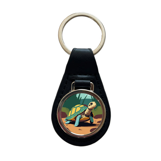 Turtle in the Wild Black Leather Metal Keychain