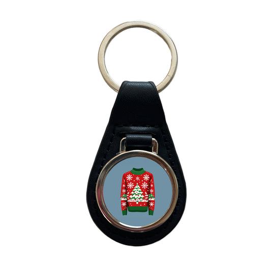 Ugly Christmas Sweater Tree Black Leather Metal Keychain