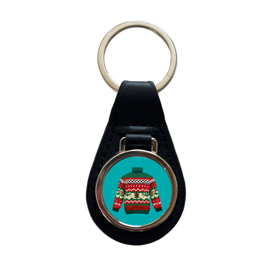 Ugly Christmas Sweater Black Leather Metal Keychain