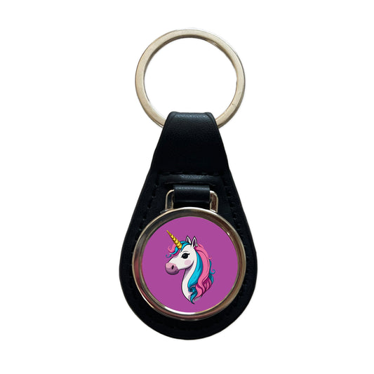 Unicorn Head Beautiful Black Leather Metal Keychain