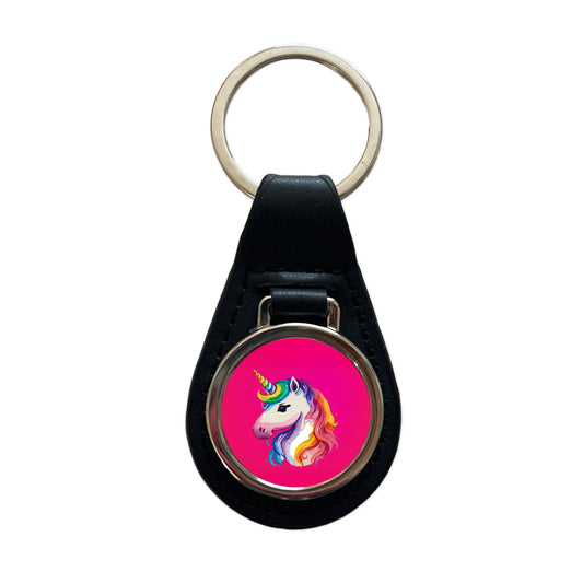 Unicorn Rainbow Hair Horn Black Leather Metal Keychain