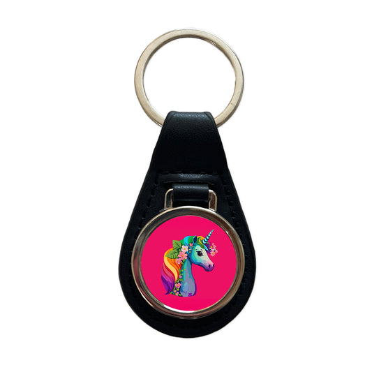 Unicorn Rainbow Head Flowers Black Leather Metal Keychain