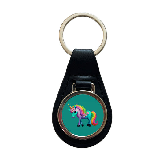Unicorn Rainbow Standing Flowers Black Leather Metal Keychain