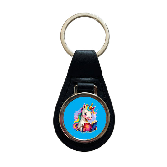 Unicorn Reading Book Reader Black Leather Metal Keychain